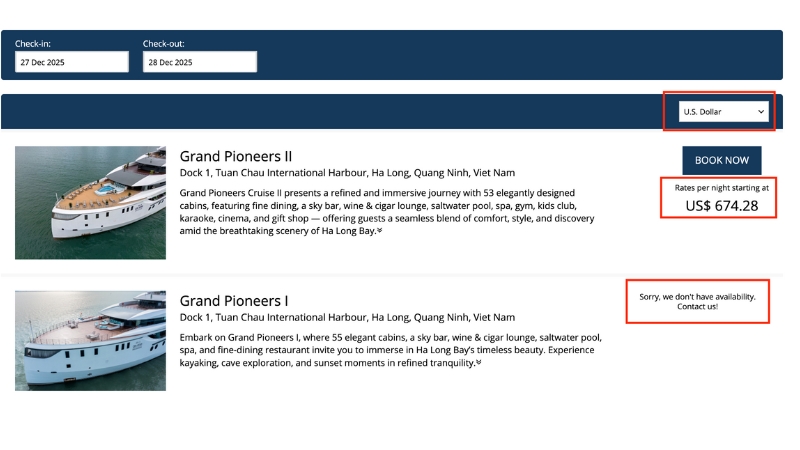 Availability screen for Grand Pioneers I and II